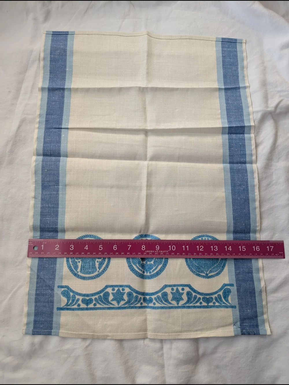 E&M Vardjan Linen German Buttermold Print Blue & Cream Kitchen Towel Vintage